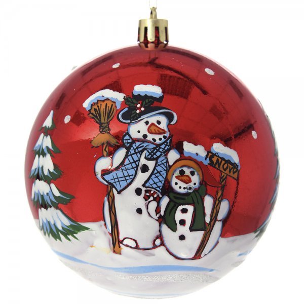 Χριστουγενιάτικη Μπάλα Κόκκινη, με Χιονάνθρωπους (8cm)